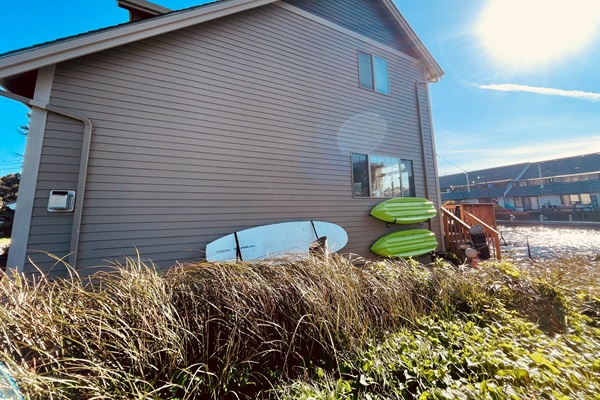 Kayaks and stand up paddleboard (SUP) ready to use! Enter the water straight from our waterfront deck.
