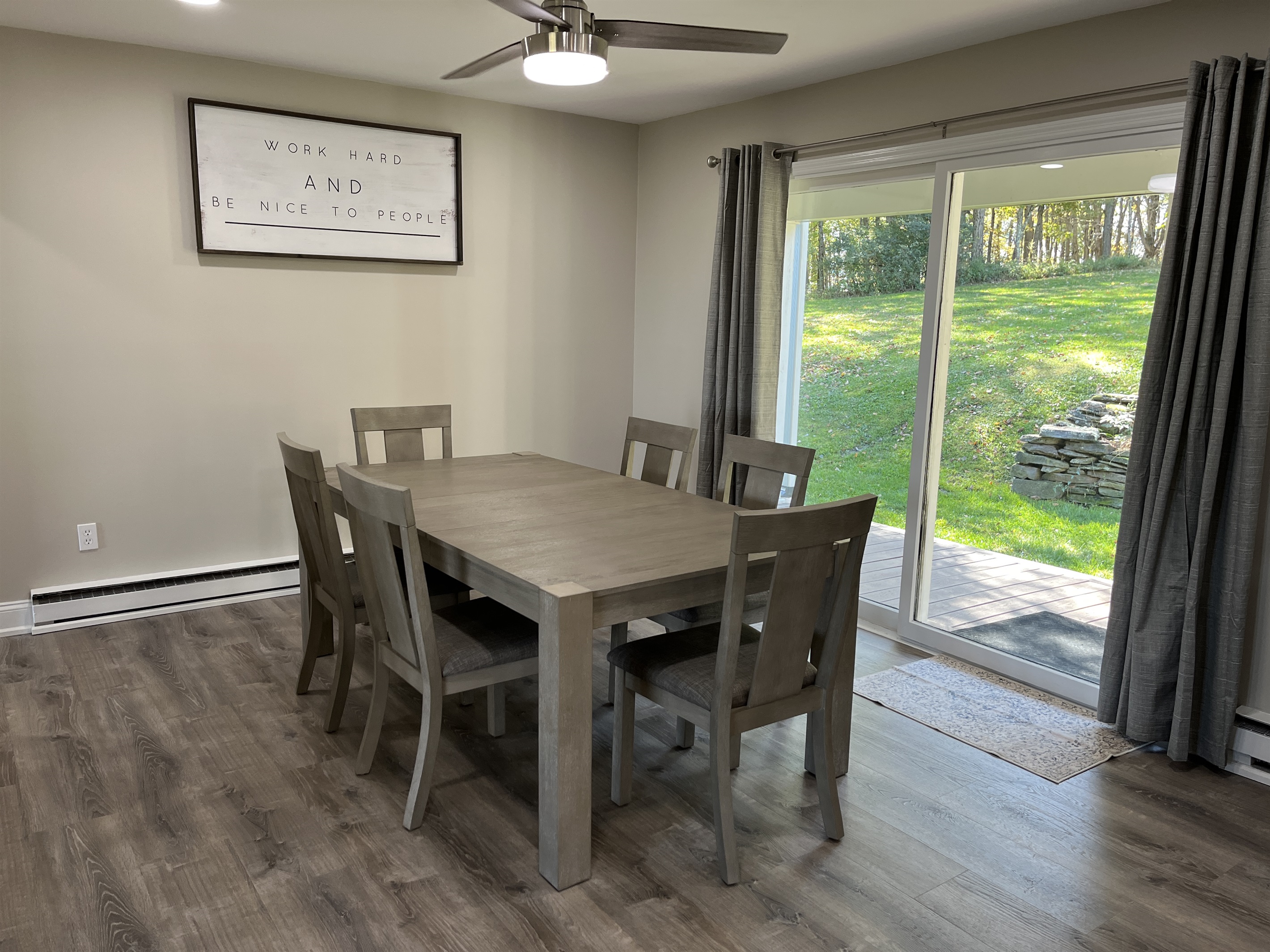 Hilltop Hideaway dining seating area with large sliding glass doors providing easy access to the backyard and lots of light.