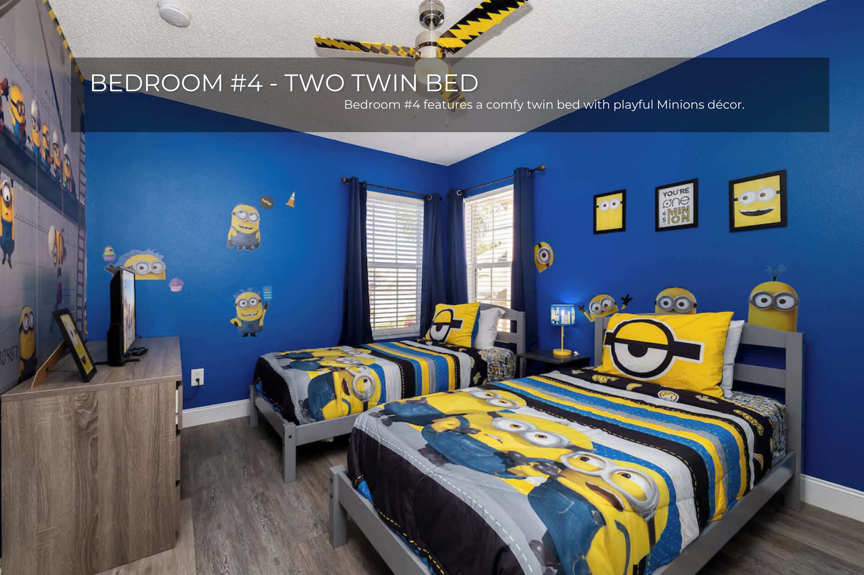 A bright and fun retreat—Bedroom 4 includes twin beds and a Minion theme.