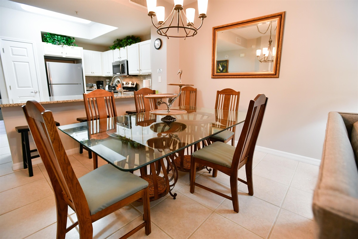 Large dining table with seating for six