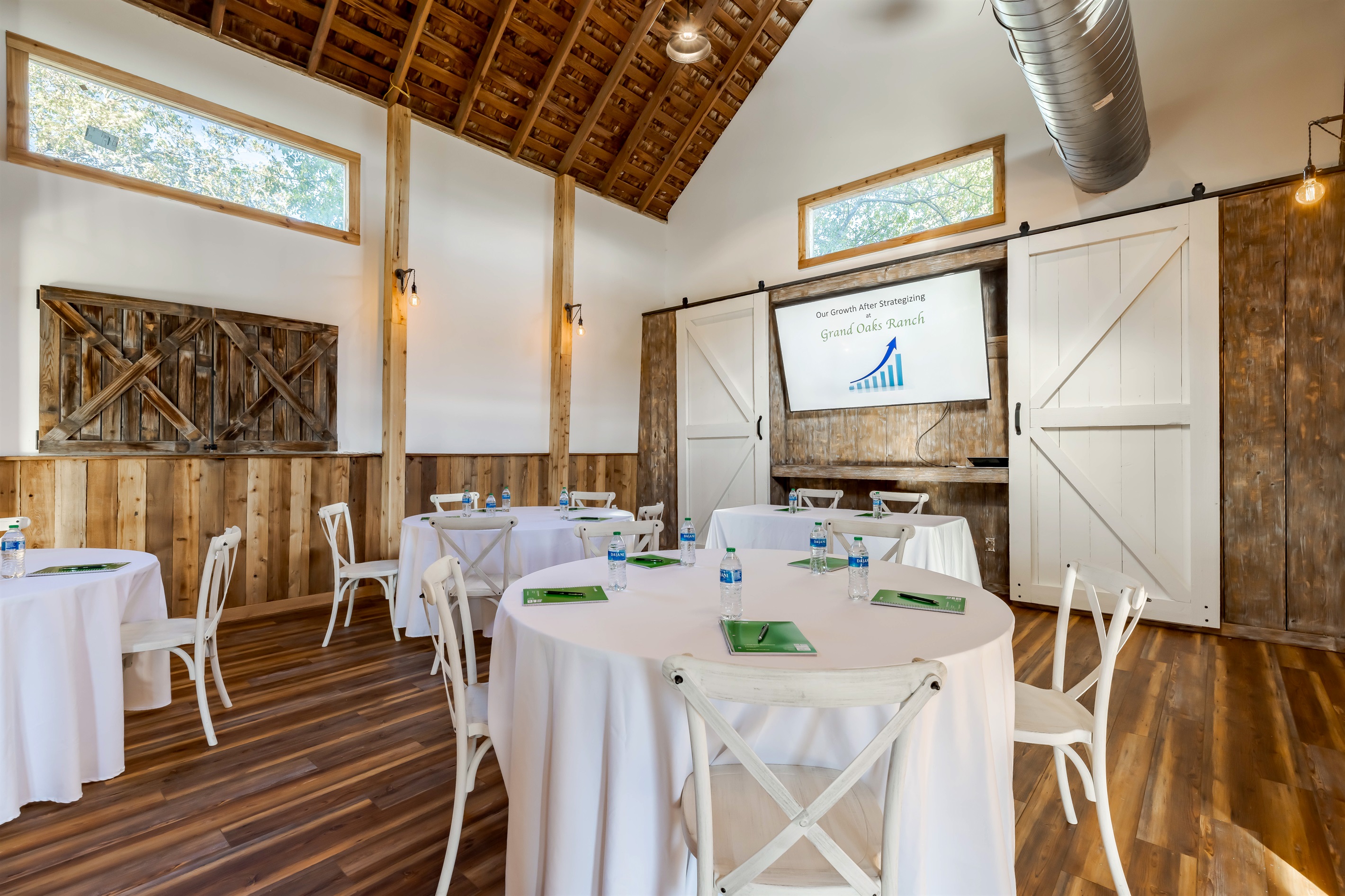 Large screen and whiteboard help make the barn great for meetings