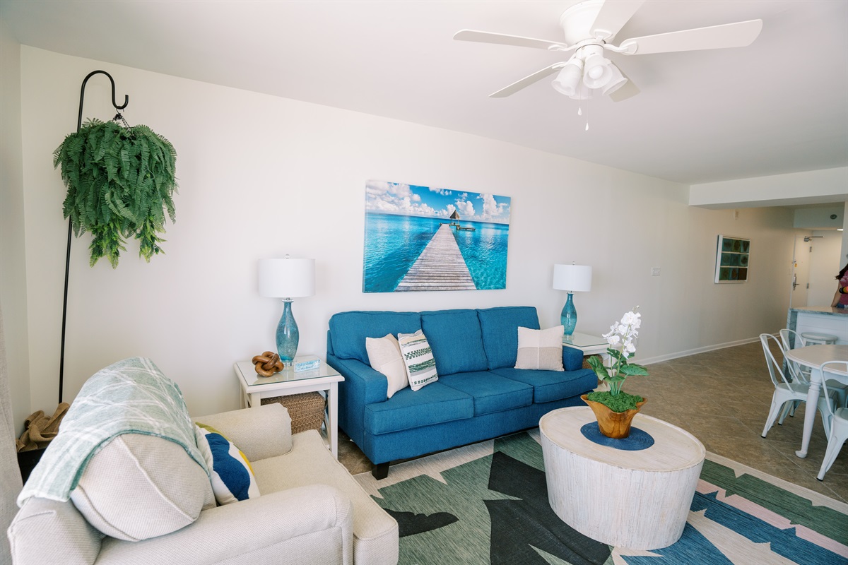 Cushy sofa and over-sized chair, plus a swivel chair. Watch TV in the comfort of home!