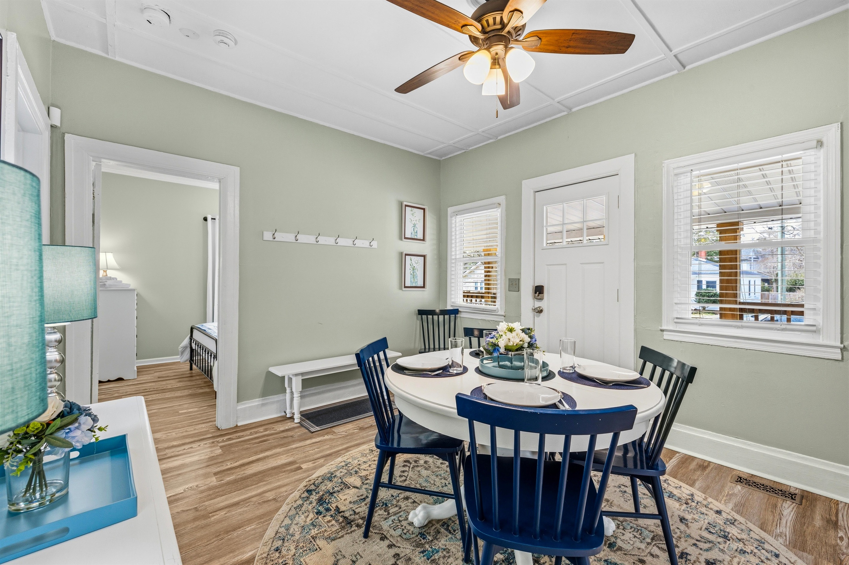 Dining room with view of the entry and the second bedroom