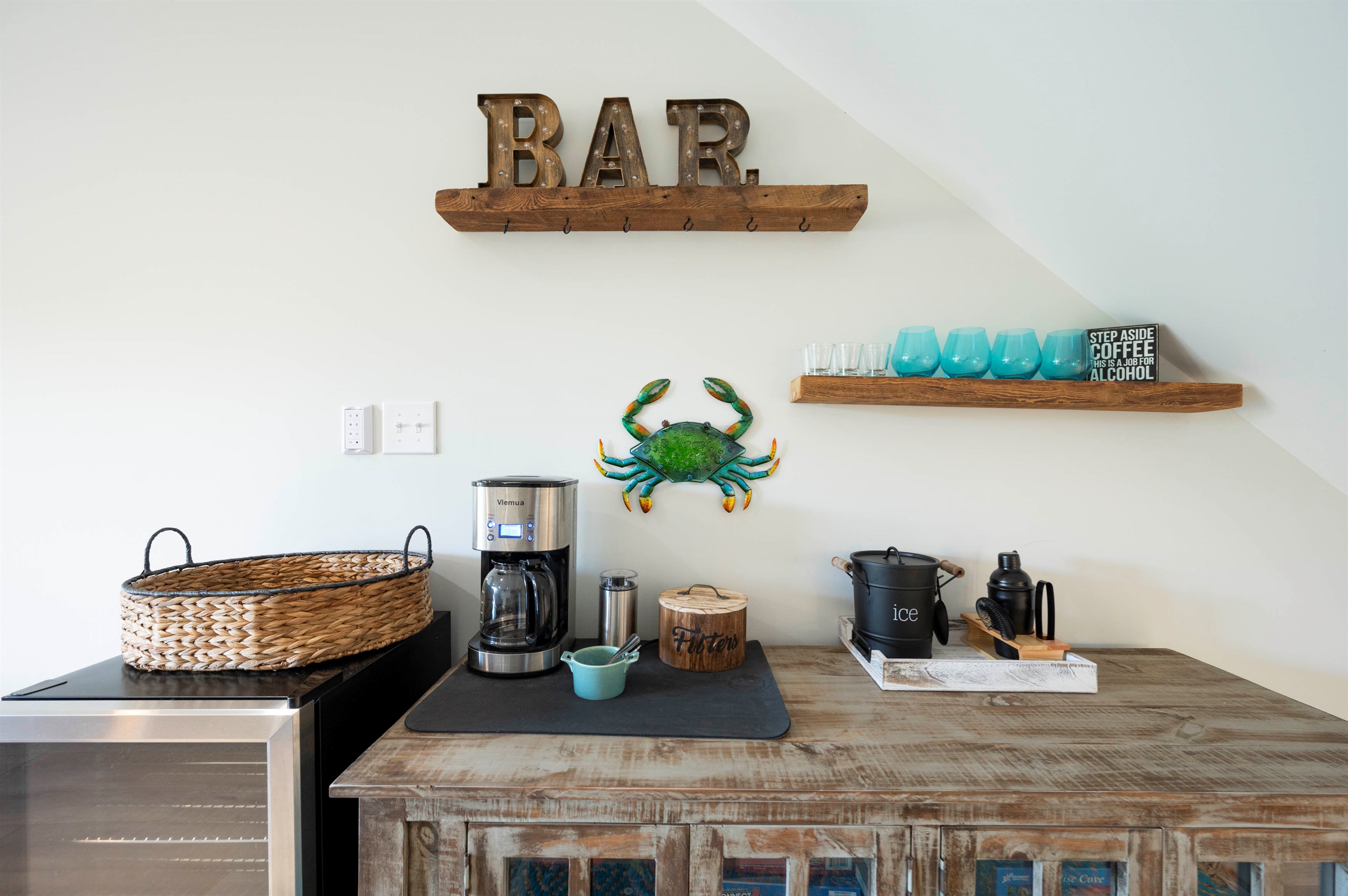 Cozy vibes: Rustic coffee and bar station with charming decor and cheerful tones.