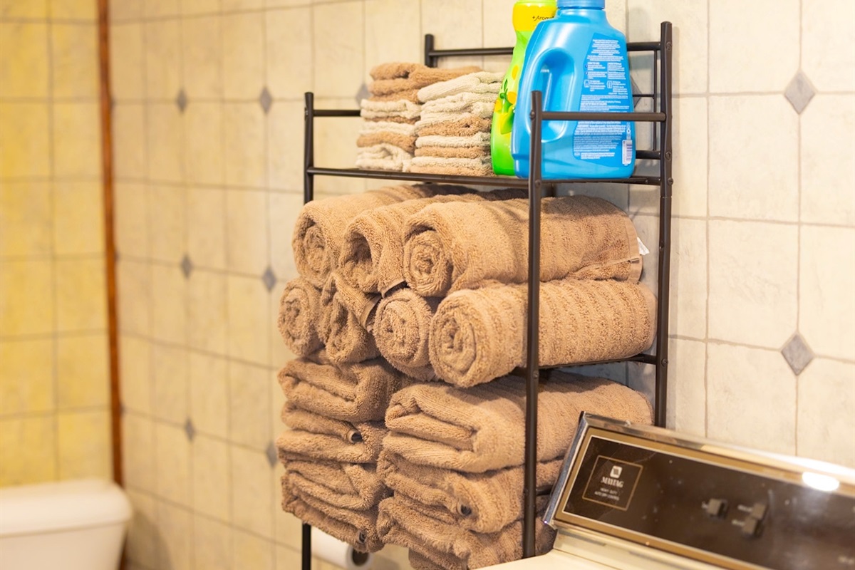 Bath with Washer/Dryer and a large supply of towels to keep it easy for you.