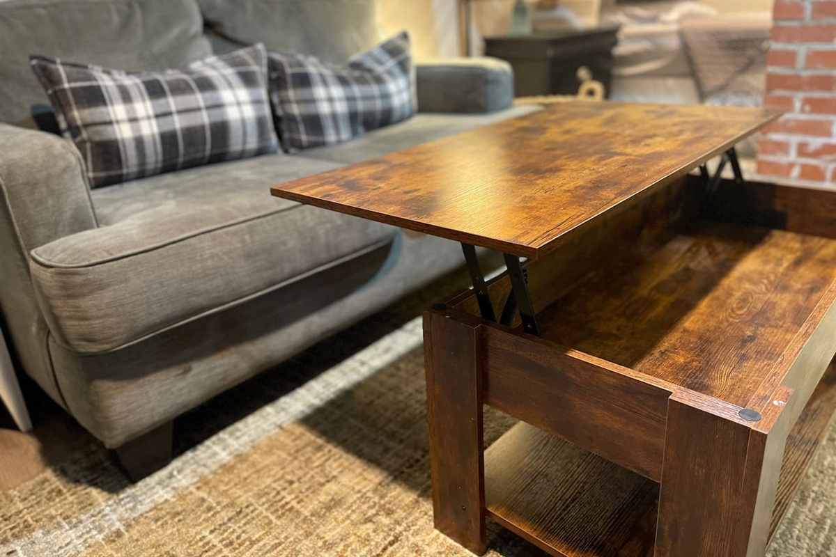 Fold up coffee table converts to a work or dining space.  