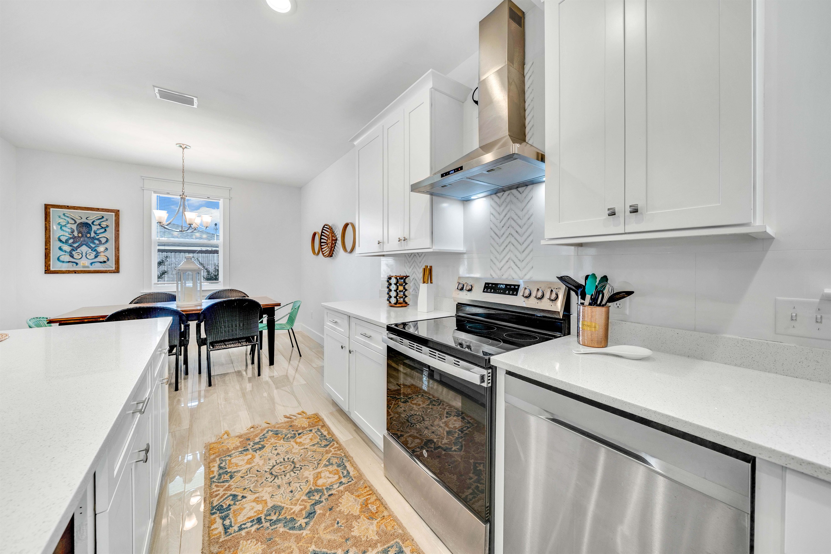 The open floor plan means whoever is cooking never misses out on the living room movie.