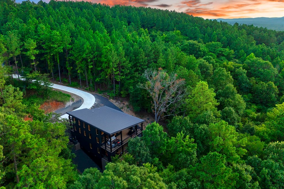 Honeycomb Hideout aerial view at dusk.  Check out those balconies from this angle!!