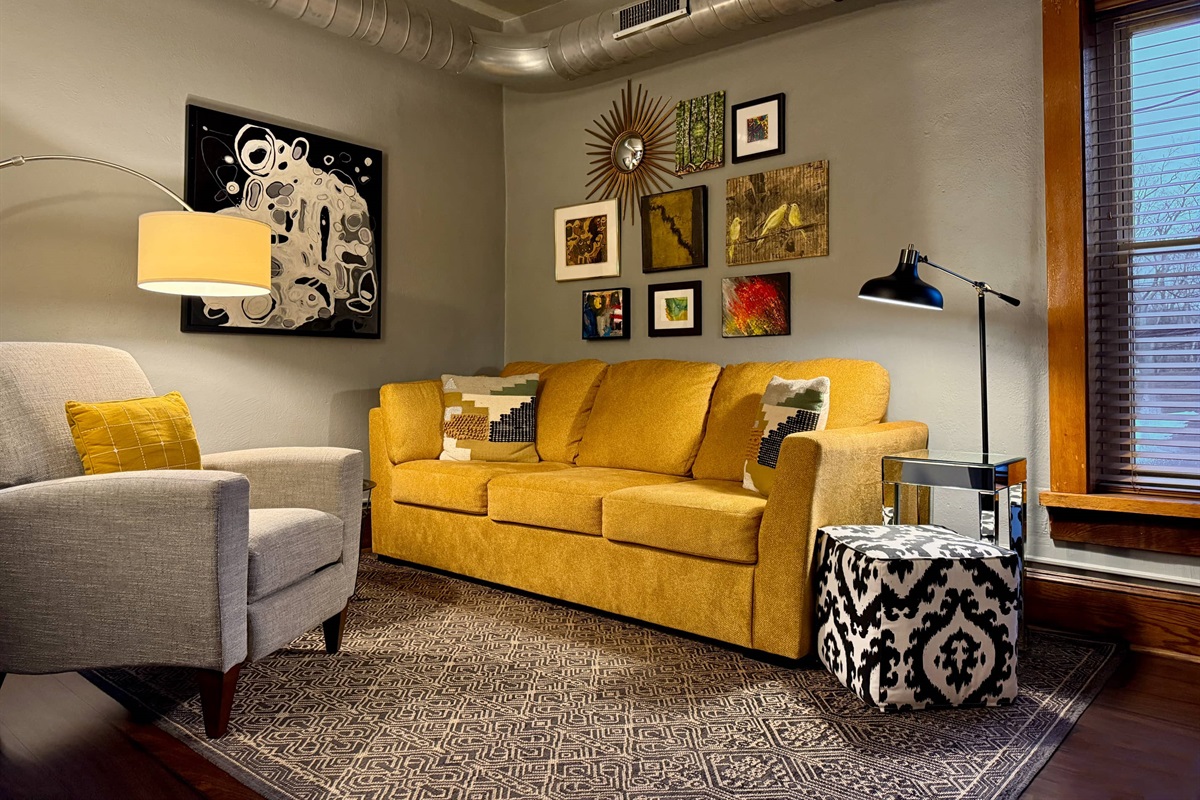 Comfortable living space with large LED TV.