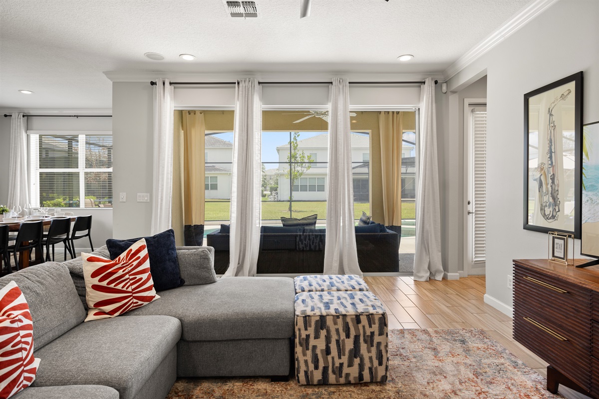 The living area oversees the pool