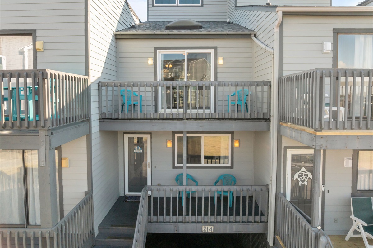 Front exterior of the building, with private balcony seating
