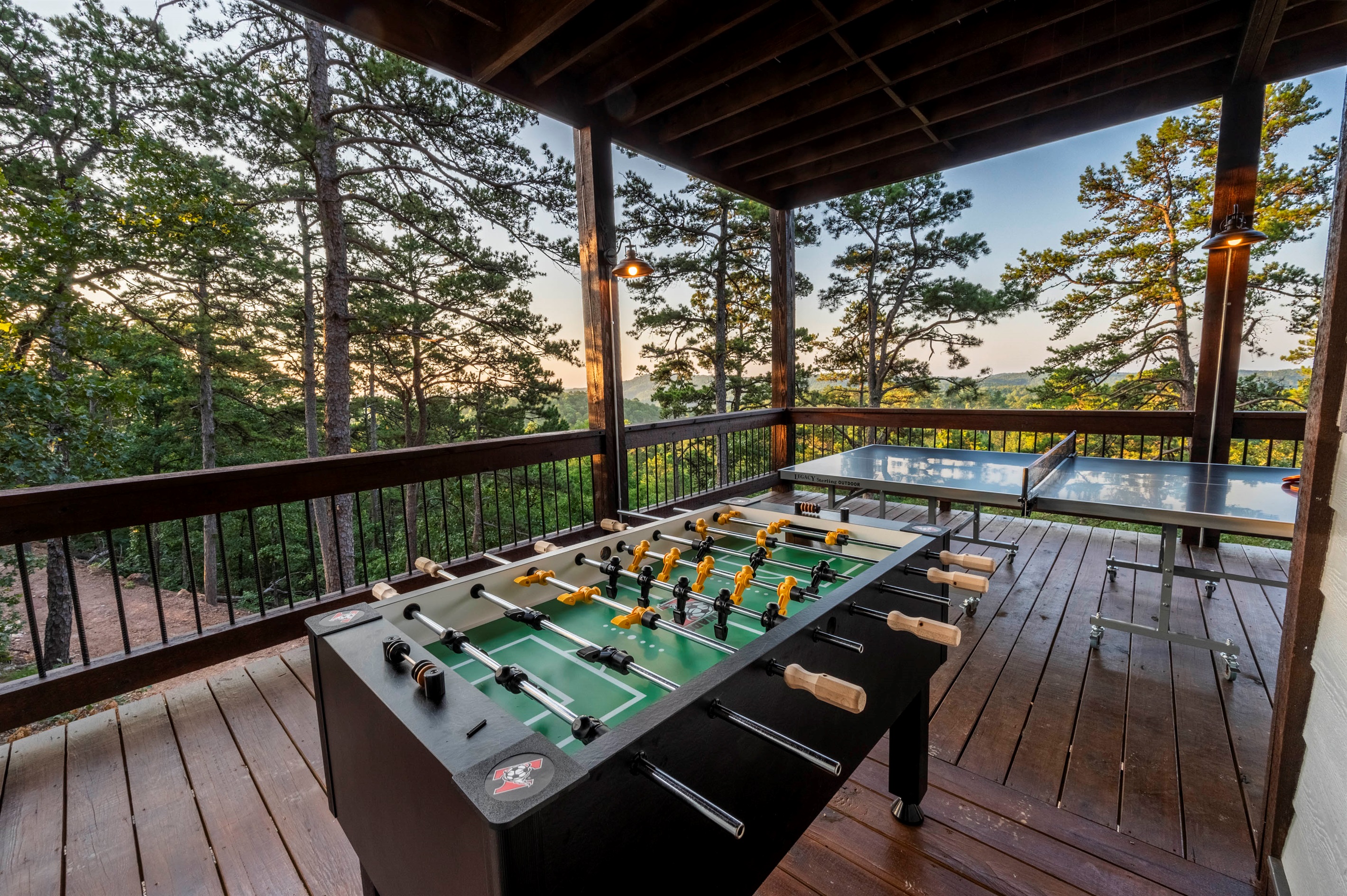 Outdoor foosball table for endless family fun with mountain views all around