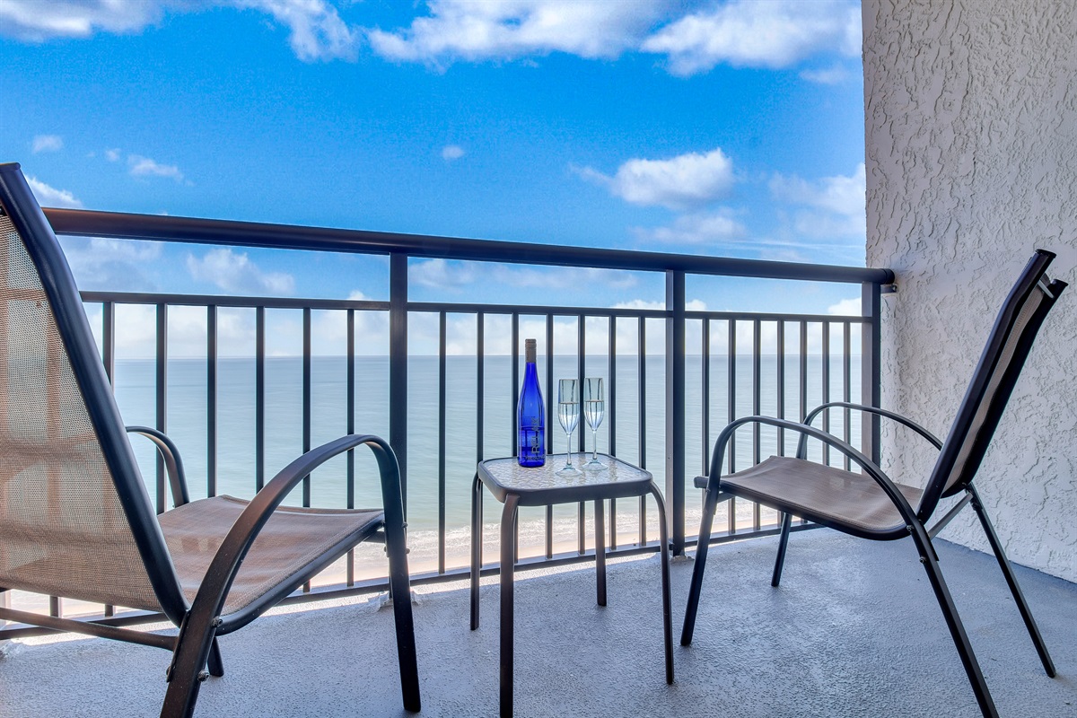 Sit back, relax and sip a cup of coffee while enjoying the front row seat view of the skyblue sea.