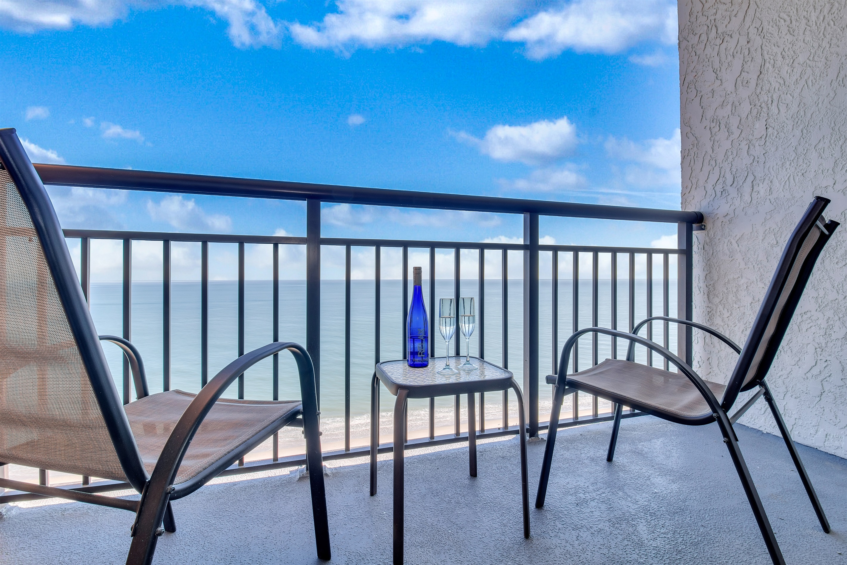 Sit back, relax and sip a cup of coffee while enjoying the front row seat view of the skyblue sea.