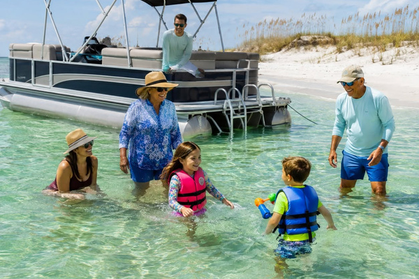 AI-created family boating illustration inspired by Shell Island. Pontoon rentals, equipment and excursions are separate from your stay.