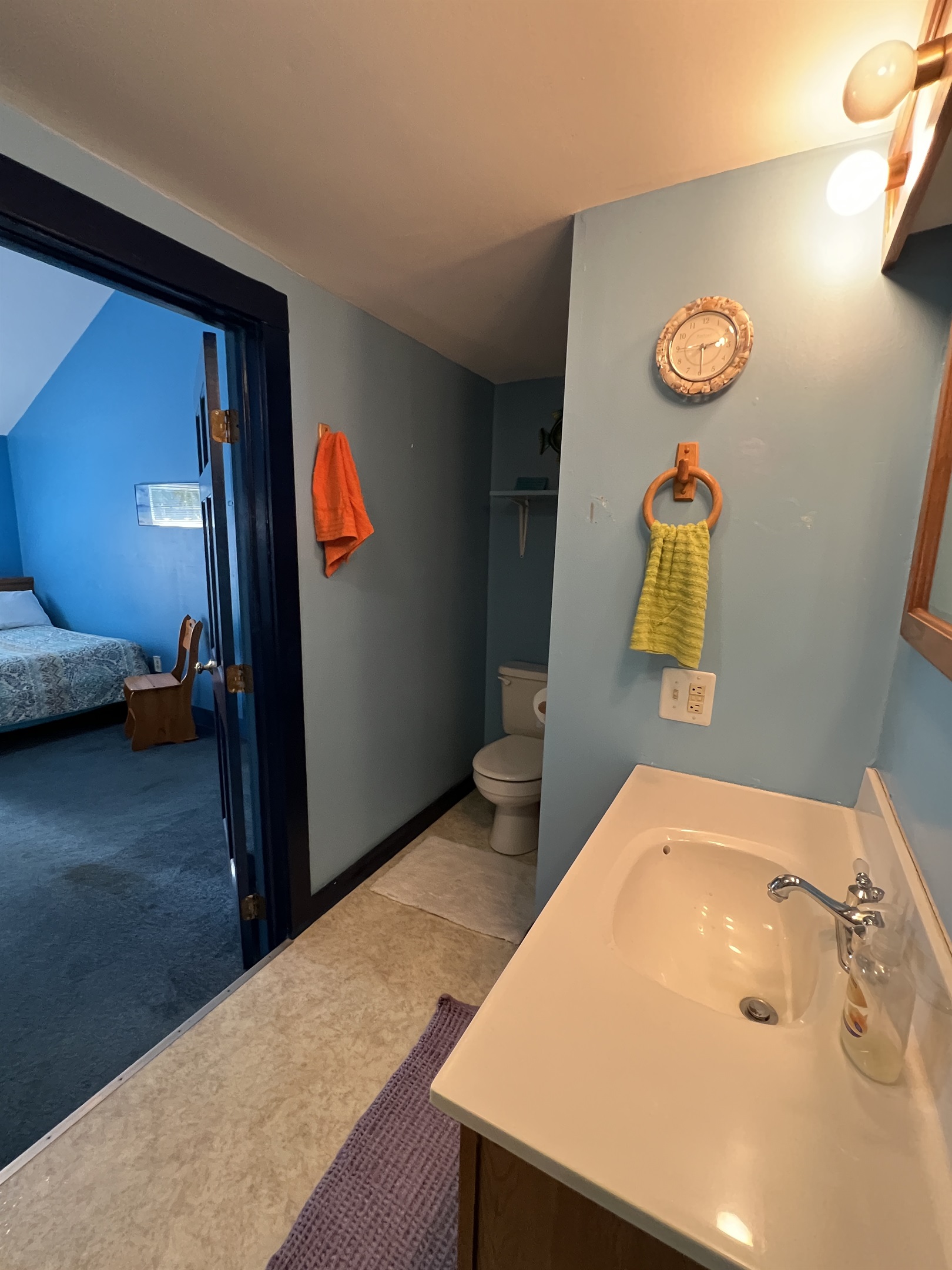 Dandelion apartment full bathroom view into bedroom #1 in apartment.