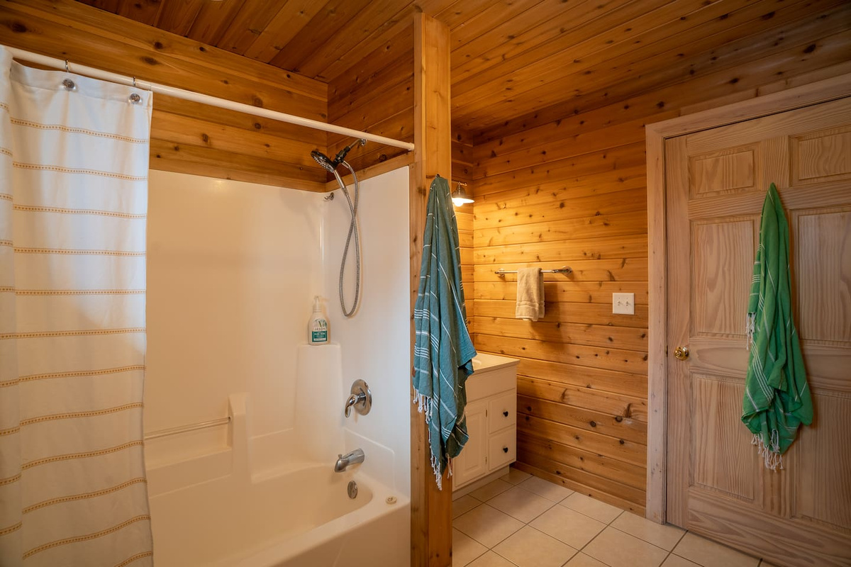 The downstairs bathroom features a full-sized tub, shower and single vanity.