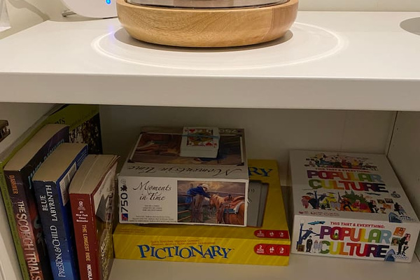 Books and games on the right hand side of the fireplace