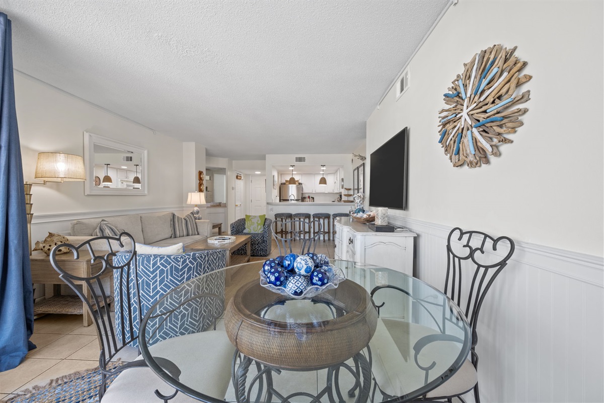 Thoughtful coastal decor and natural light create a calm and inviting atmosphere