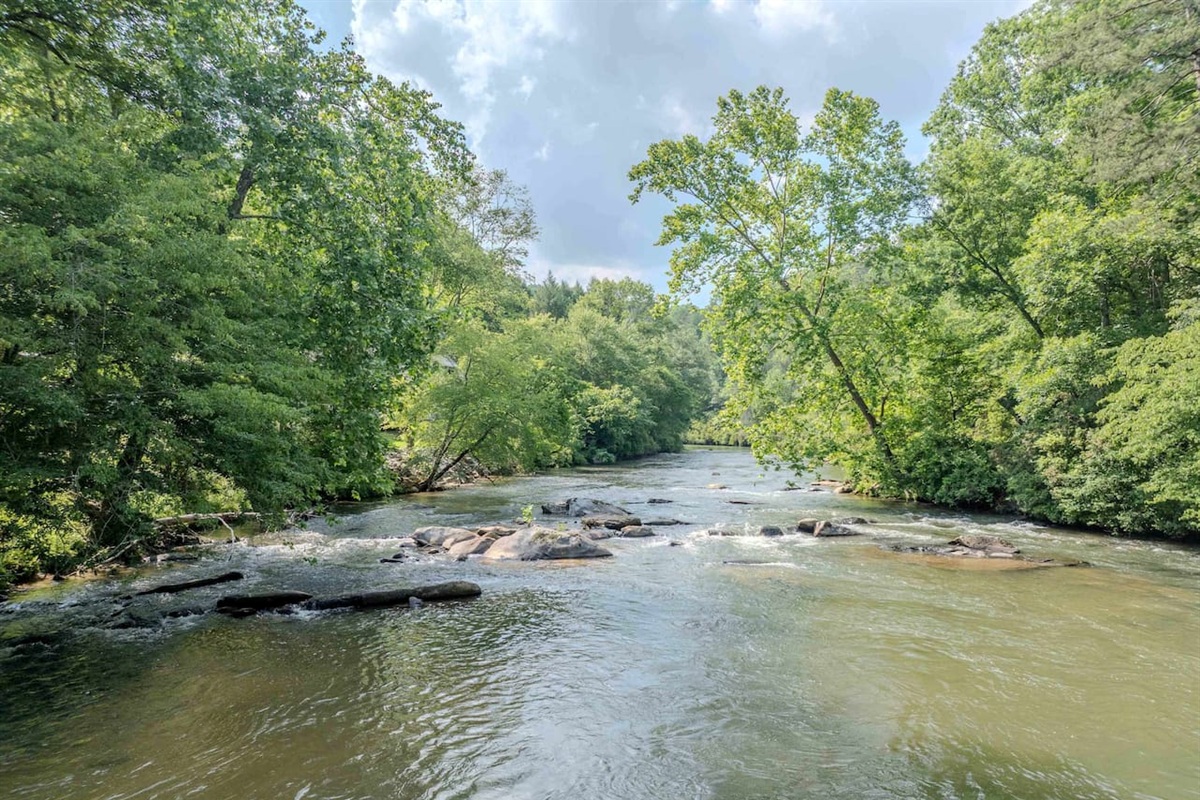 Experience the beauty of nature at its best — a serene river framed by lush greenery and dotted with natural rock formations, creating a picture-perfect spot for relaxation, exploration, or a quiet moment by the water.