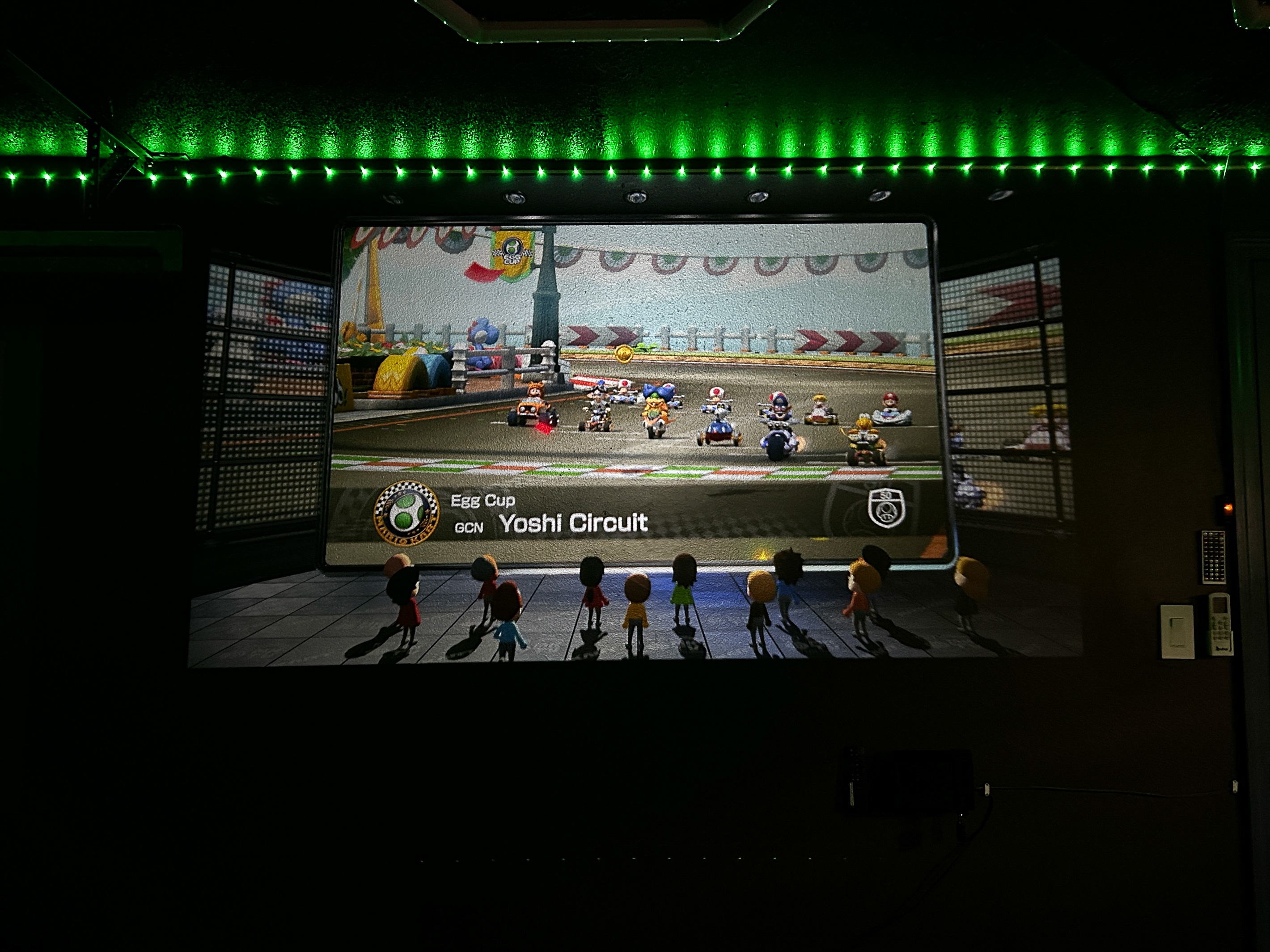 Projector TV in Garage Game Room connected to Nintendo Switch with Mario Kart & more