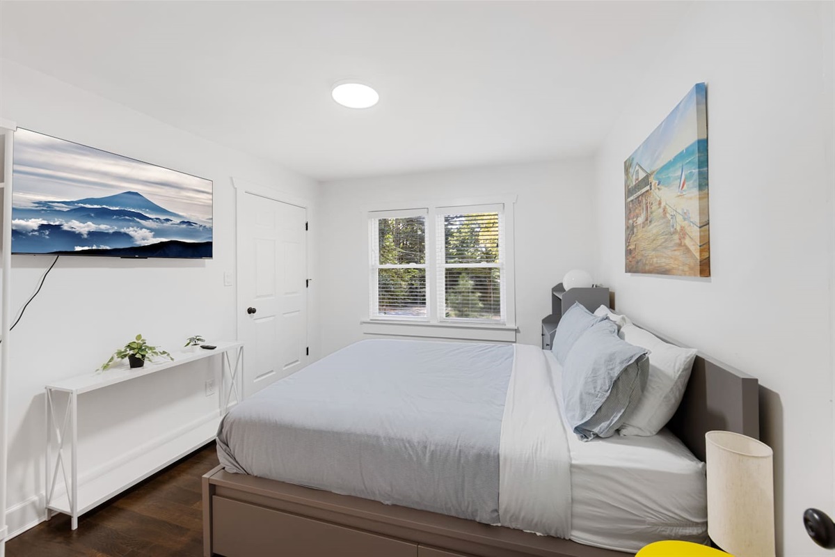 Main bedroom with Dreamcloud Queen size mattress and 55" smart TV.  Bedroom has a full private bathroom.  
