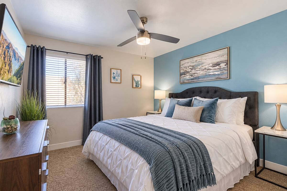 - Retreat to a cozy bedroom with a plush king bed, soft lighting, and a calm blue accent wall   - Includes a private bath for added convenience and relaxation   - Perfect for restful nights after busy days in the sun
