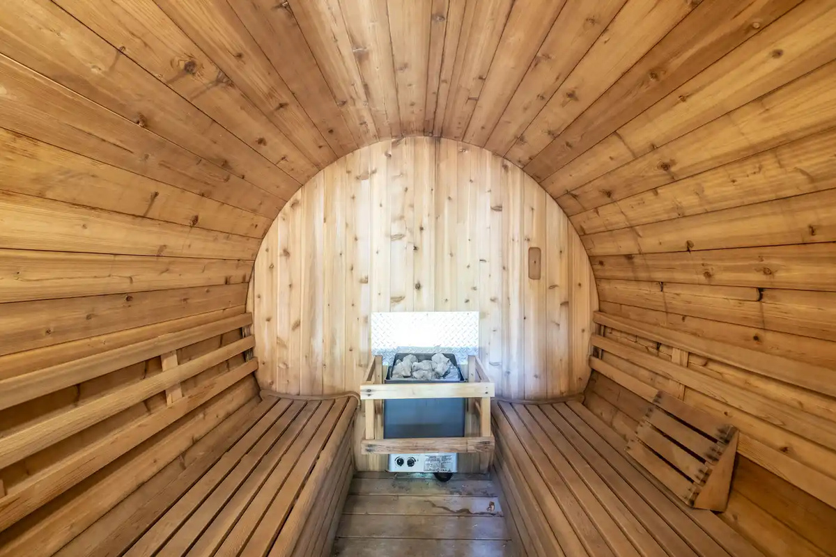 Interior view of the private barrel sauna