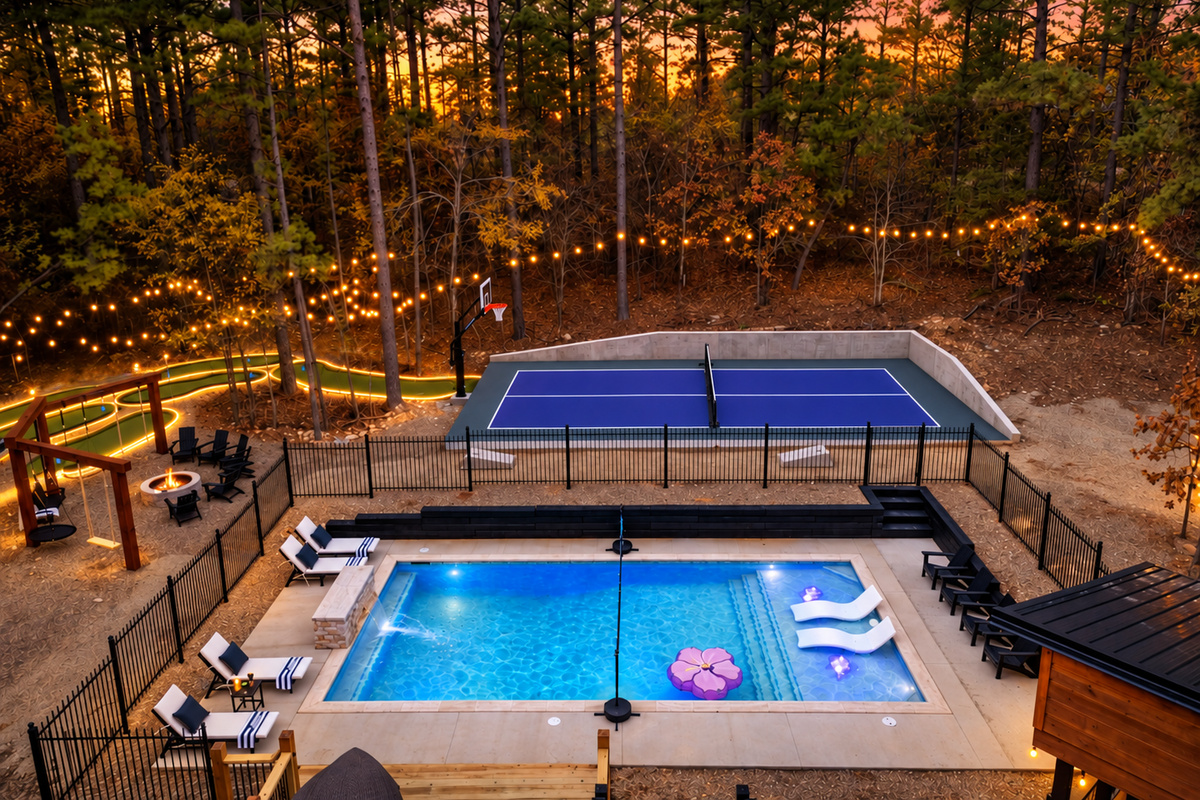 Your private Year-round Retreat! Relax by the pool, play pickleball or basketball, and enjoy glow golf under towering pines. Relax on swings or loungers! Pool heating is optional and available for a fee.