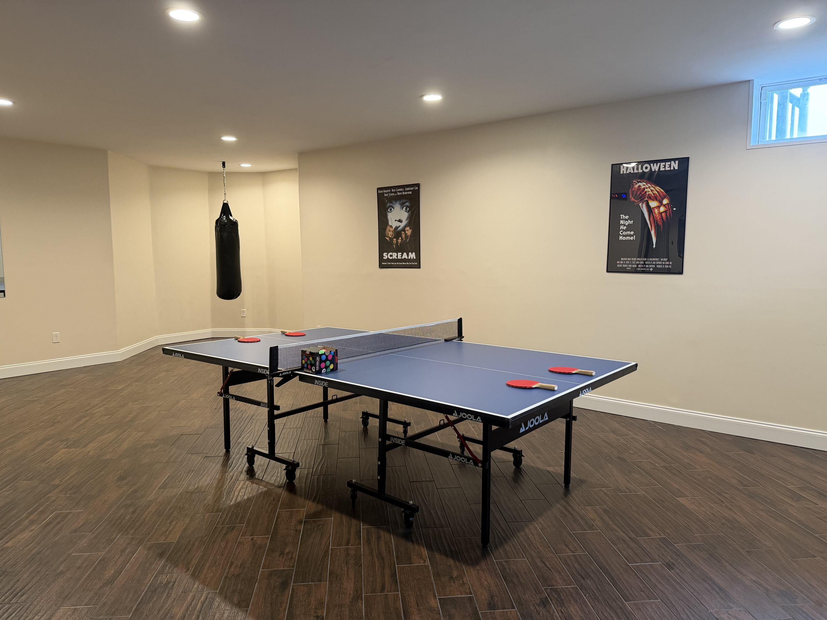 Ping pong table in lower level. 
