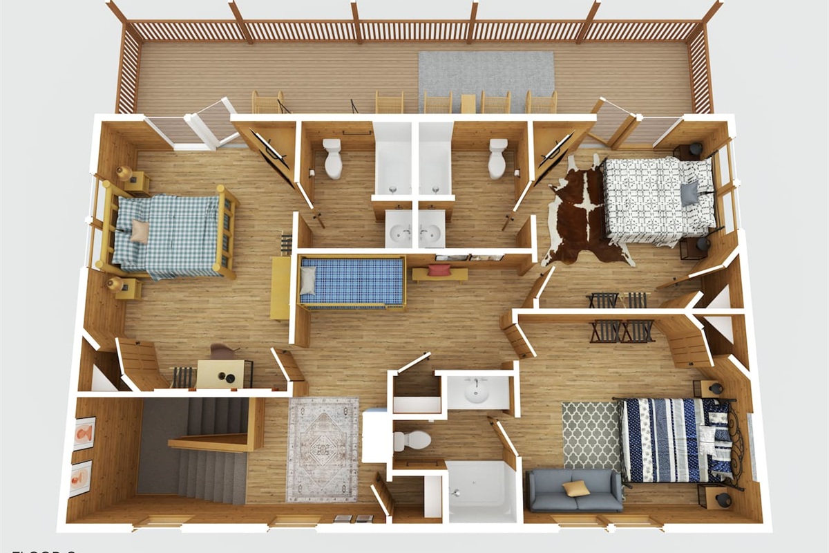 Upper Floor Layout- 3 king bedrooms, 3 full bathrooms, the open loft with twin bunk bed, and porch access