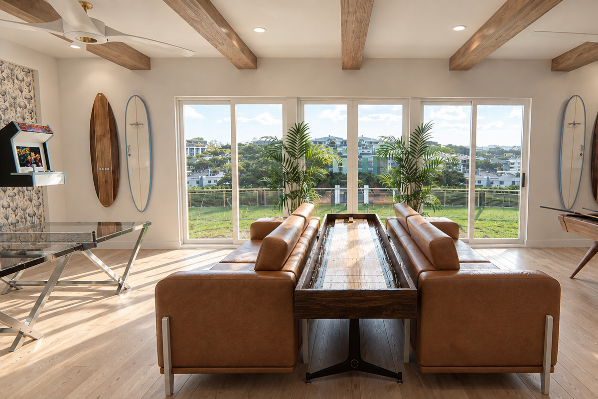 Game Room featuring a Pool Table, Custom-Glass Ping Pong, Shuffleboard, Foosball, and Arcade Games | Rendering 