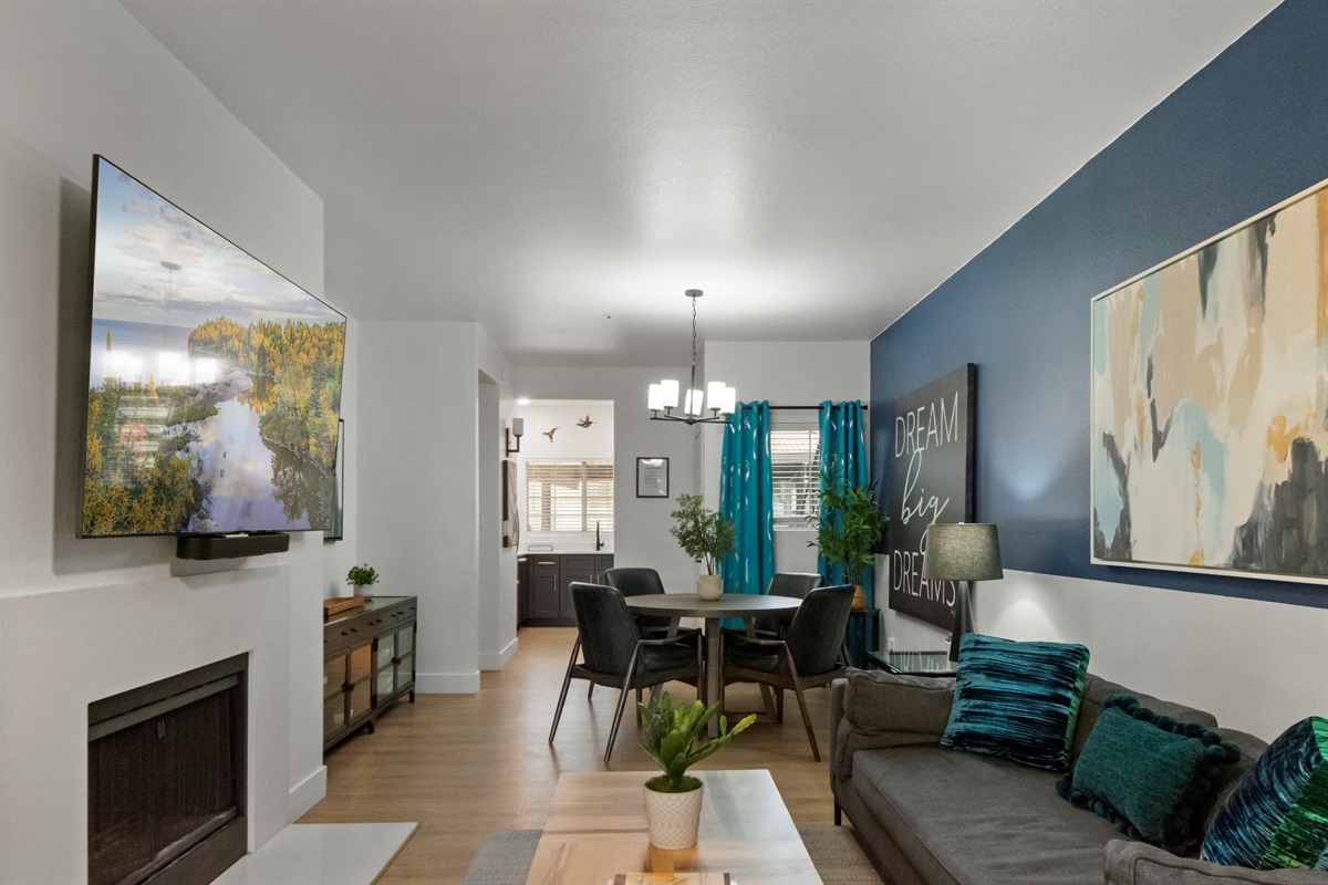 Comfortable seating and entertainment setup for a home-away-from-home feel