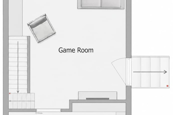 Lower-level floor plan showing the game room, workspace, and laundry area.