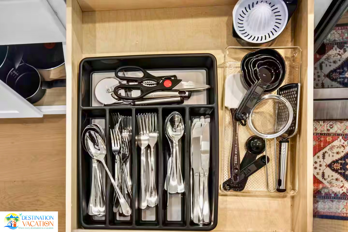 Organized dining essentials add convenience to every stay.