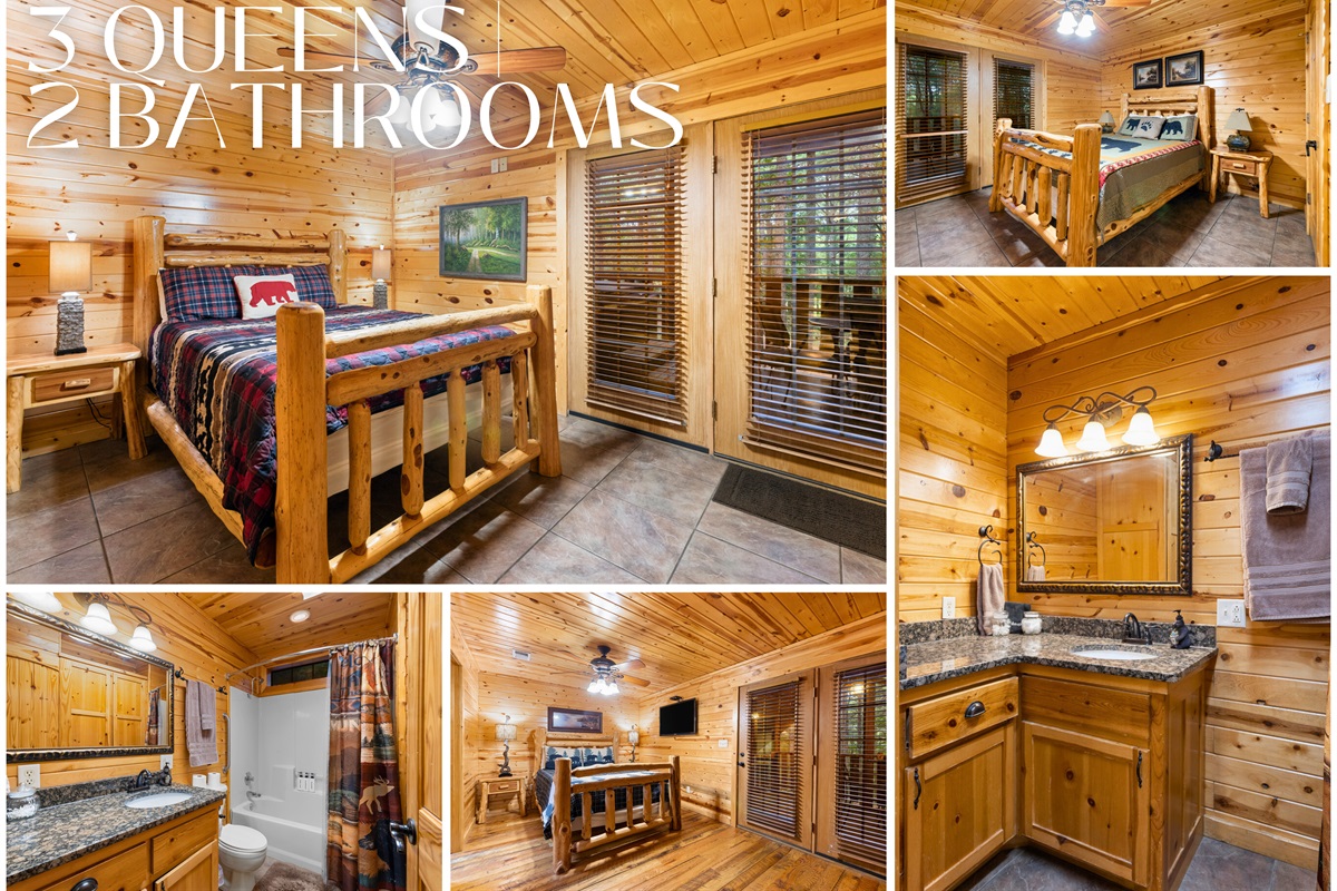 Bear’s Den features 3 queen bedrooms plus a sleeper sofa—roomy comfort for your group of up to 8 guests.