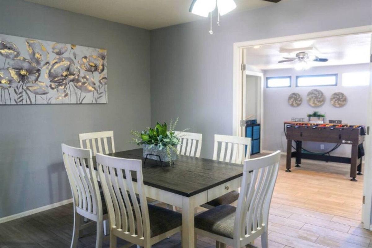 Dining table seats six.