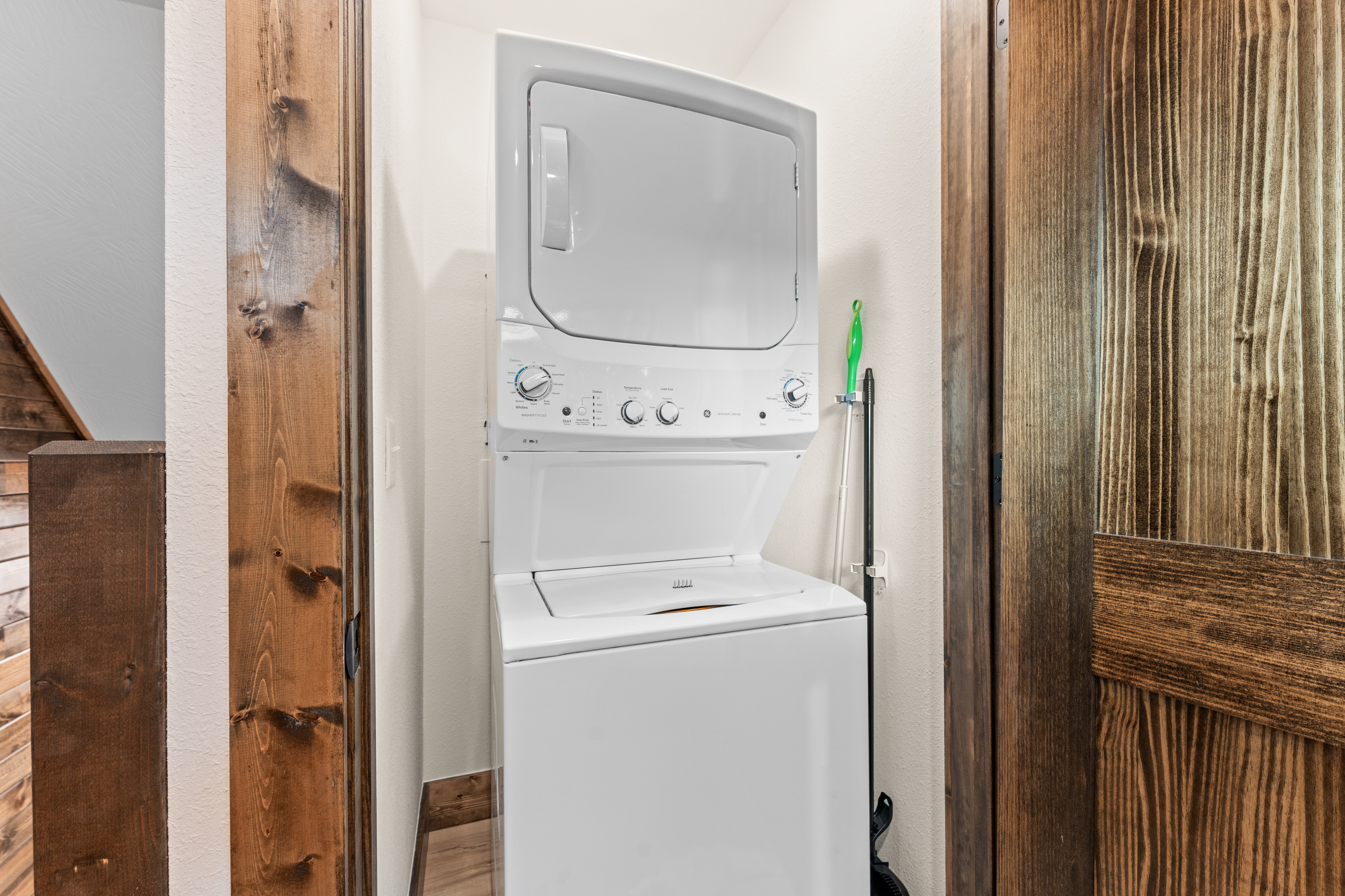 There are two In-unit stacked washer and dryers making laundry easily accessible to all. One is upstairs and one is downstairs. Pack light and stay a while.