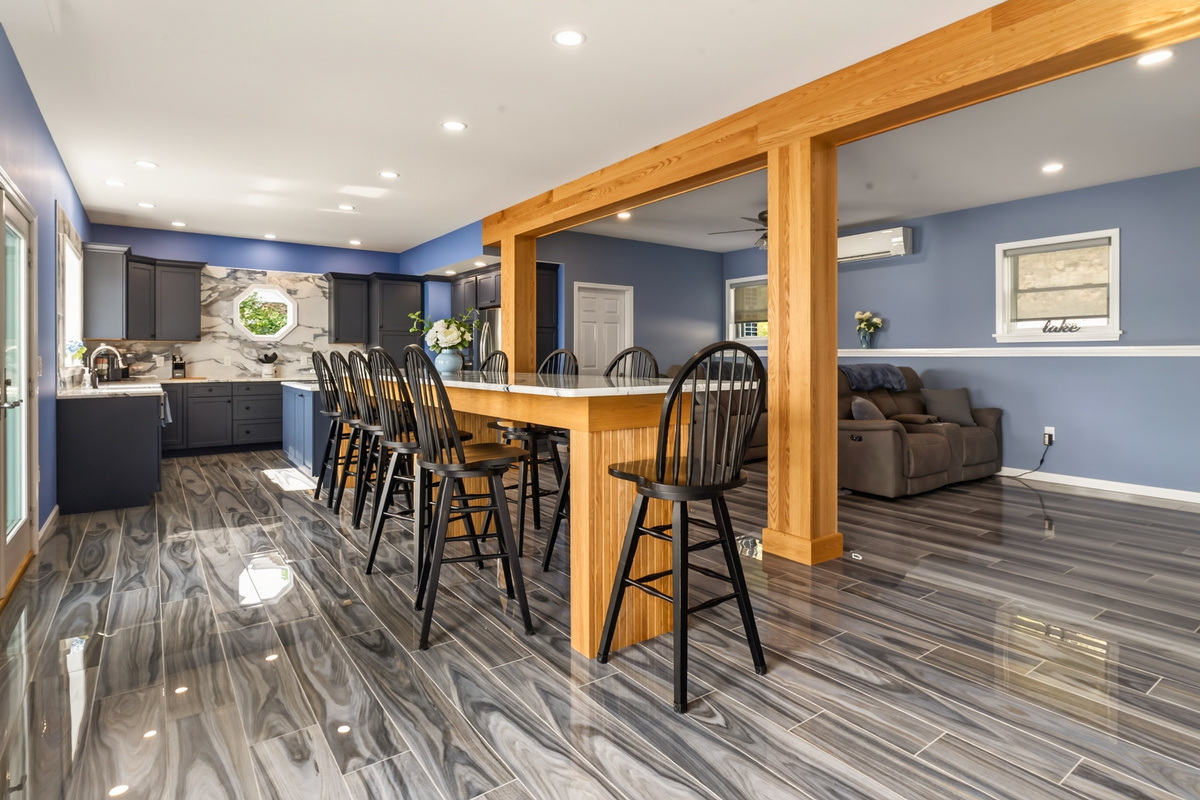 Breakfast bar connecting kitchen and living areas