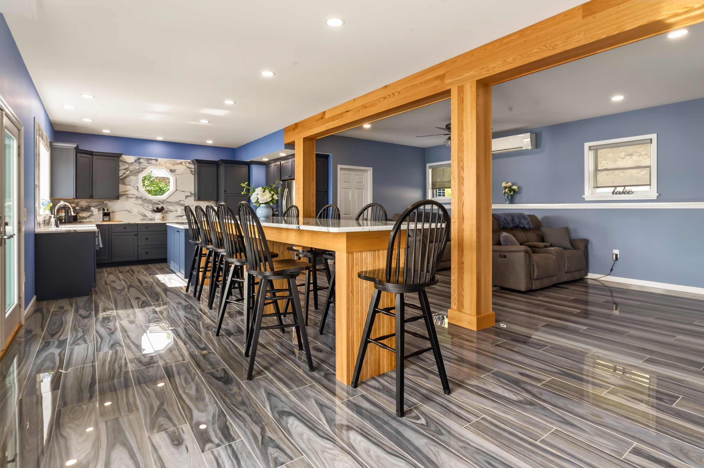 Breakfast bar connecting kitchen and living areas