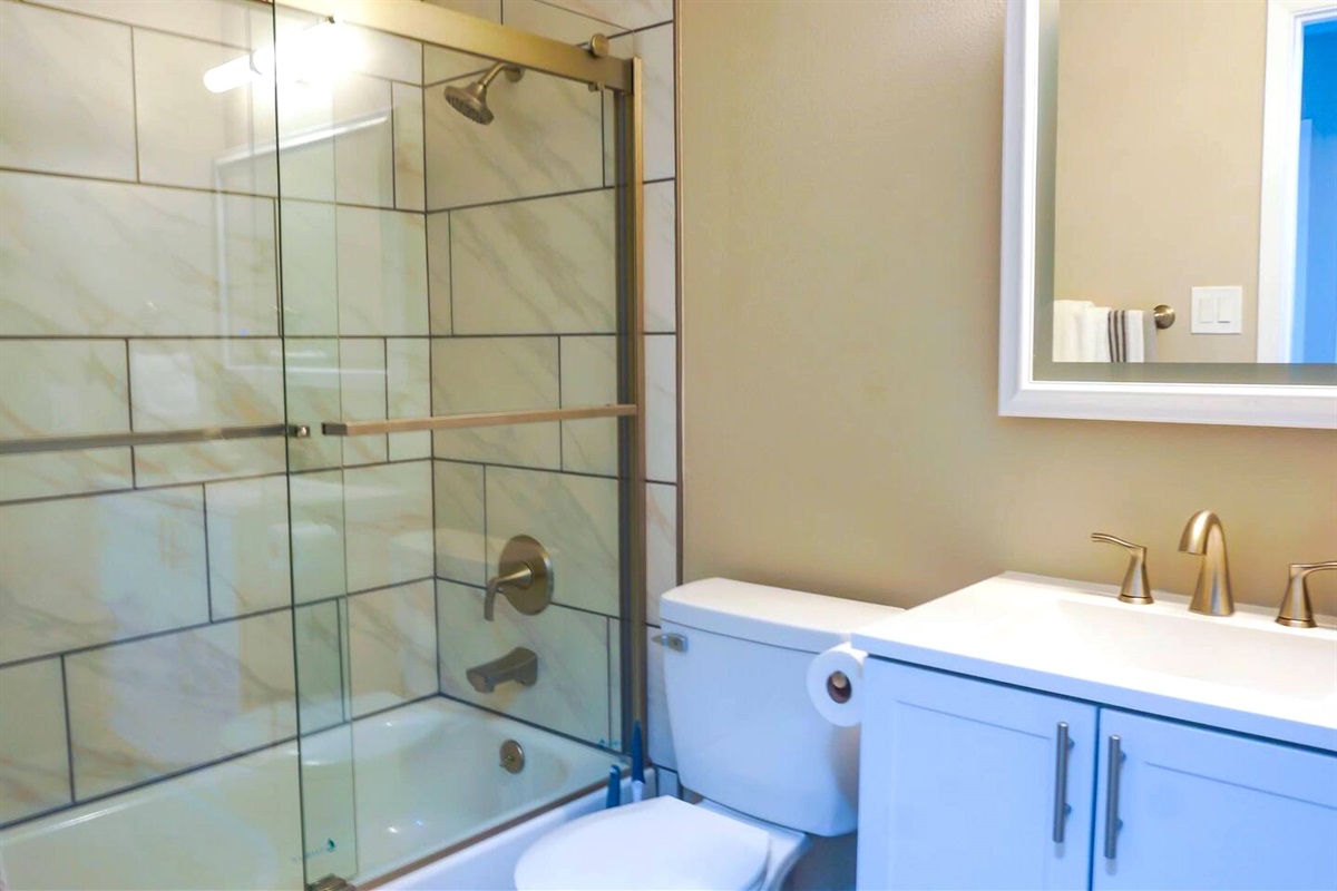 The main guest bathroom has a shower/tub combo