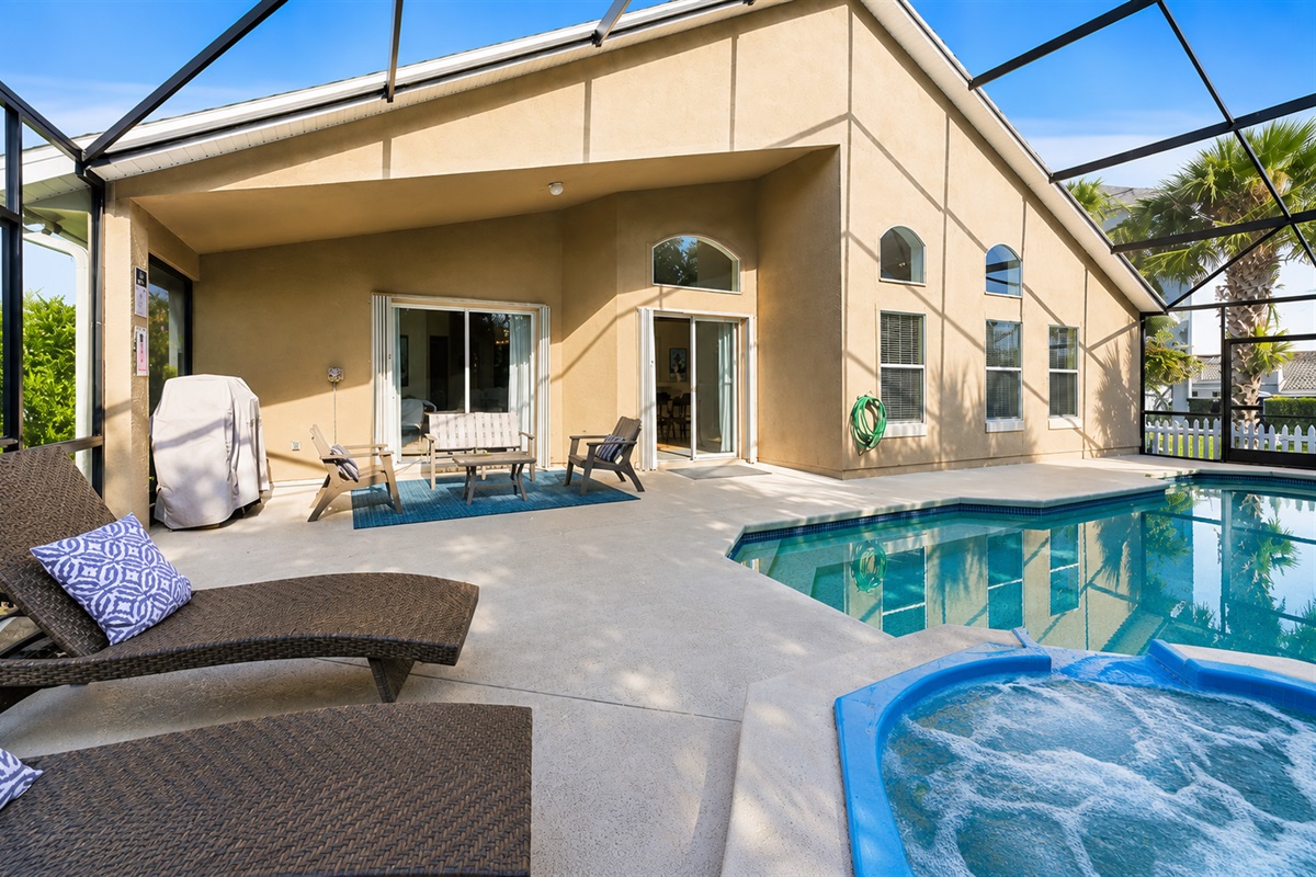 A private screened pool and spa retreat where every swim, soak, and sunset feels unforgettable