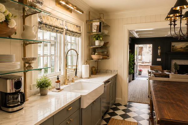 Designed for gathering, this gourmet kitchen features generous counter space, a large island, farmhouse sink, and everything needed for cooking and entertaining. 