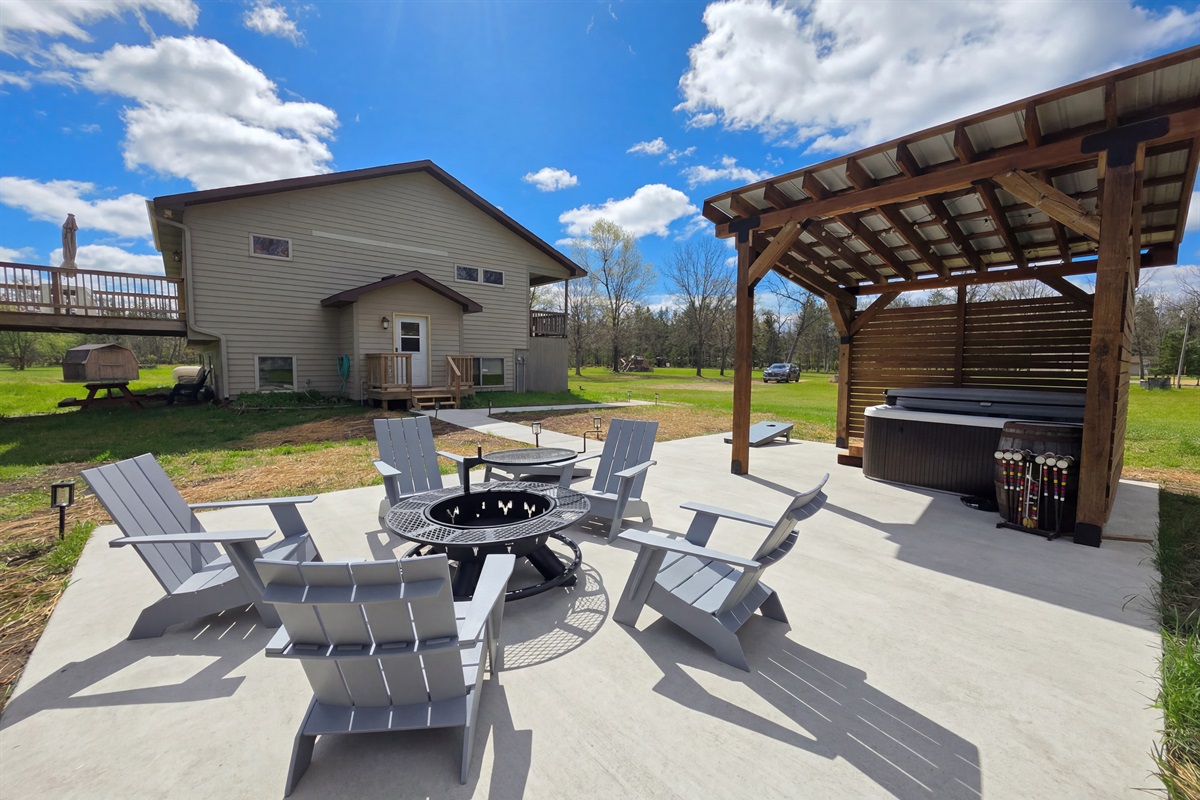 Patio with firepit and hot tub