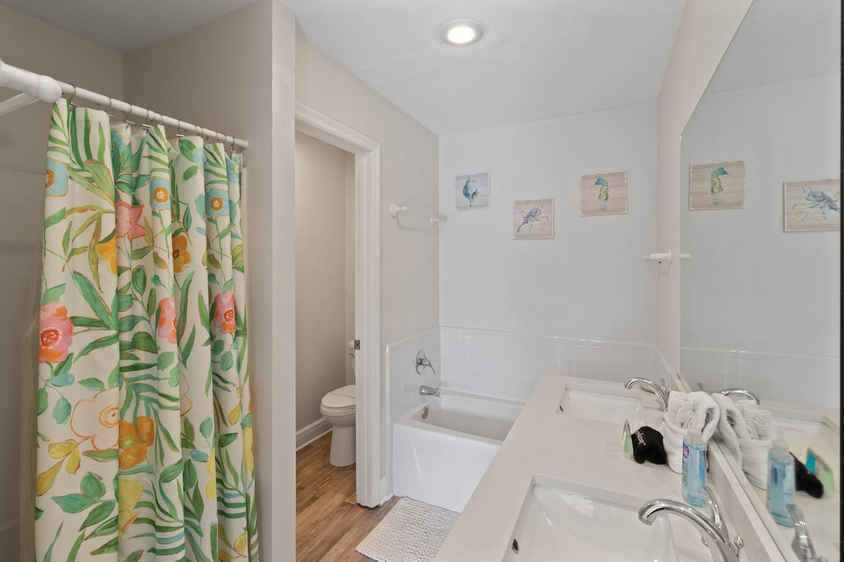 Rinse off the salt in the separate shower, then sink into the soaking tub &mdash; this is what end-of-day looks like here.
