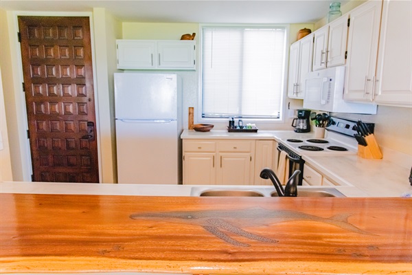 Kitchen view from bar stools.