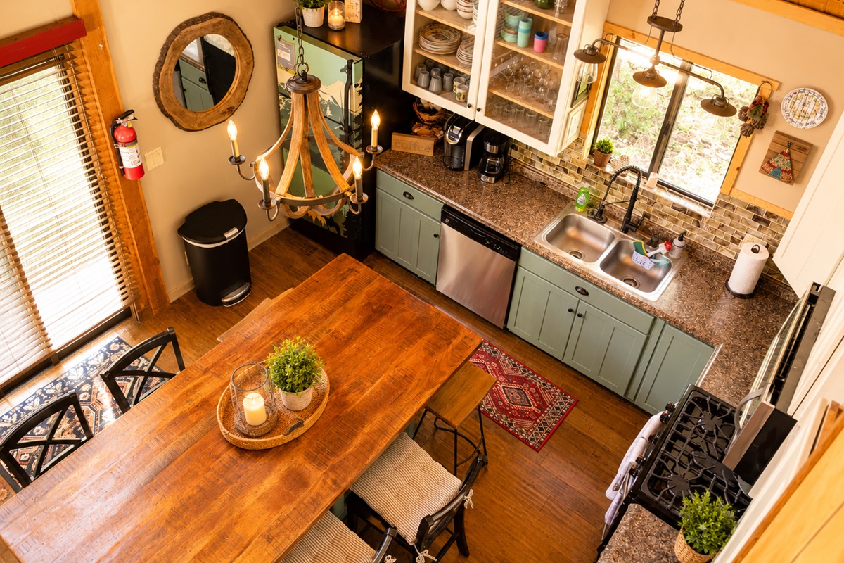 Overhead view, looking over the loft of our full kitchen and dining area.  We hope that you will love Lake Tahoe as much as we do!