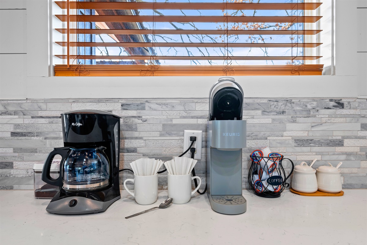 Starting the day is easy with this coffee and drink station, giving you a convenient spot to grab your favorite morning pick-me-up.