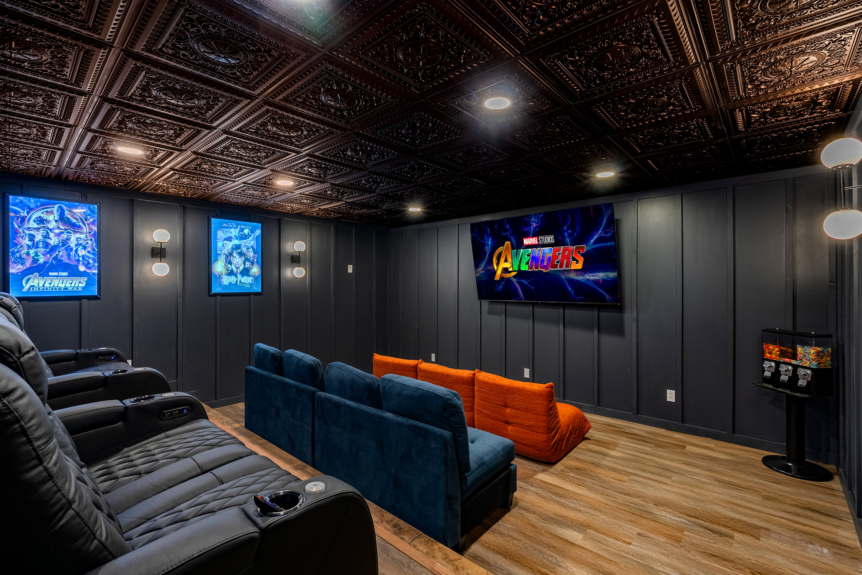 Theater room with huge 95 inch TV and true reclining theater chairs