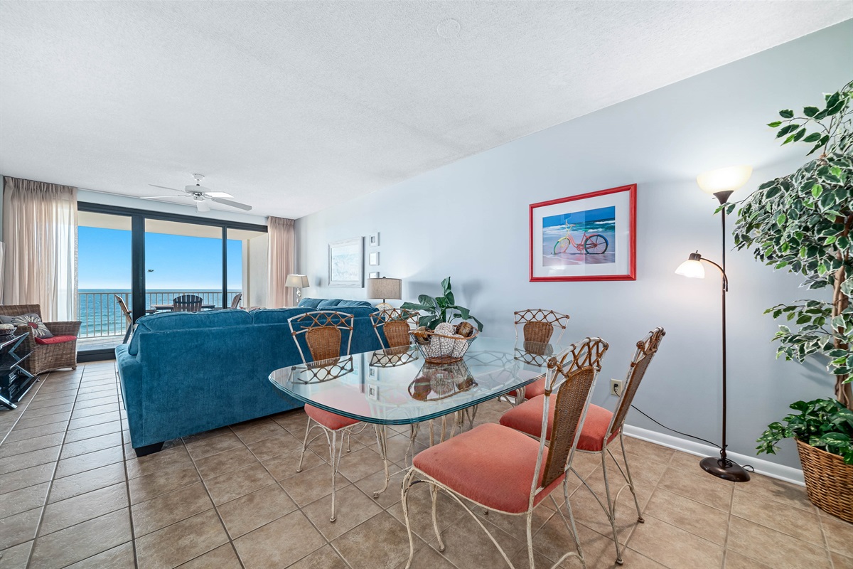 Dine with an ocean vista. This charming dining area offers the ideal setting to savor meals while enjoying breathtaking views of the sparkling coastline.